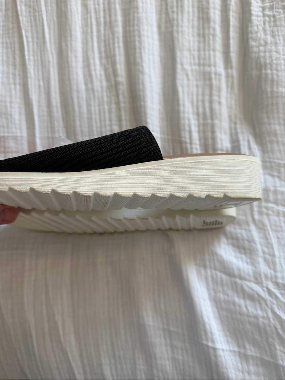 kensie Black Ribbed Slide Sandals with Tan Footbed - Picture 6 of 7